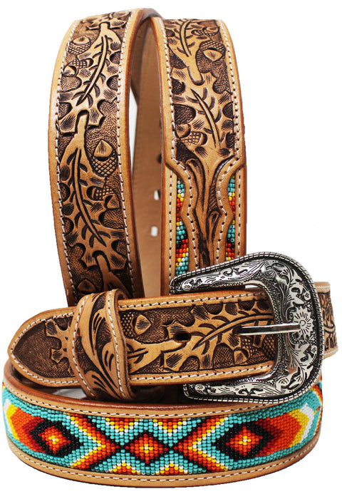 Western 2" Wide Oak Leaf Tooled Beaded Inlay Genuine Leather Belt 26RT52U2