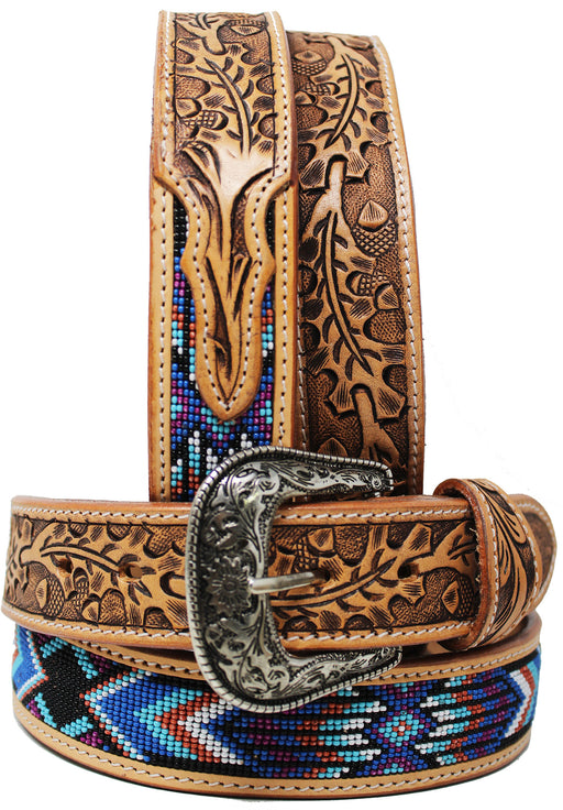 Youth 1-1/4" Western Basket Tooled Beaded Full-Grain Leather Belt 26RT53C