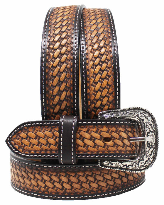 Unisex 1.5" Western Basketweave Tooled Full-Grain Leather Belt 26RT56