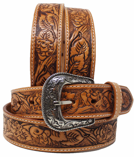 Unisex 1.5" Western Floral Tooled  Full-Grain Leather Belt 26RT58