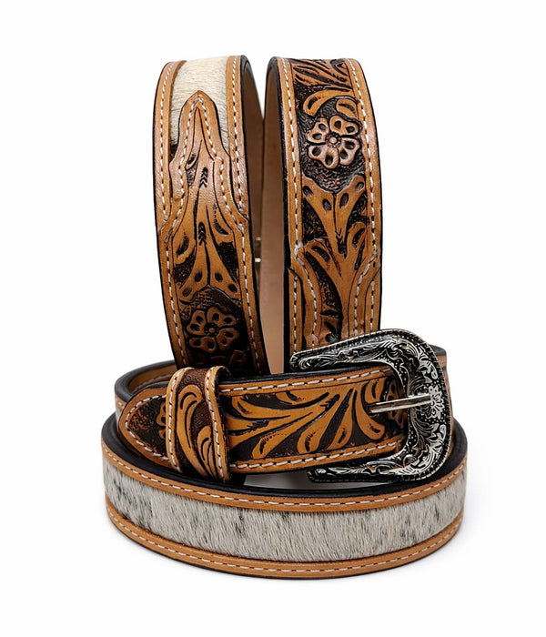 Men Women Kids Western Floral Tooled Cowhide Hairon Full-Grain Leather Belt 26RT60