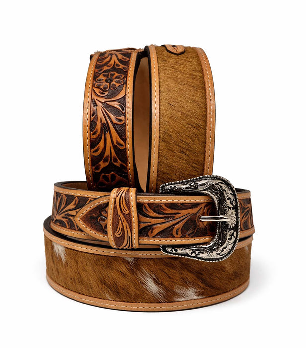 Men Women Kids Western Floral Tooled Cowhide Hairon Full-Grain Leather Belt 26RT60
