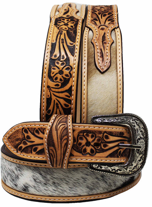 Men Women Kids Western Floral Tooled Cowhide Hairon Full-Grain Leather Belt 26RT60