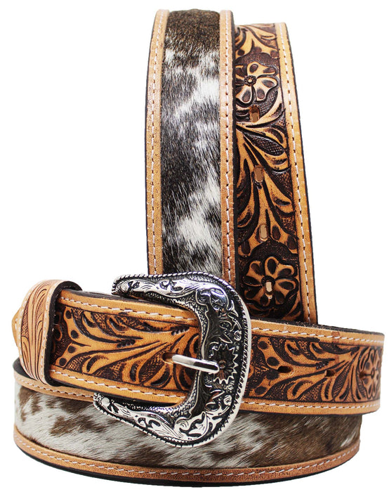 Men Women Kids Western Floral Tooled Cowhide Hairon Full-Grain Leather Belt 26RT60