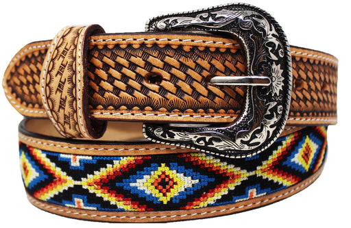Unisex 1.5" Western Basketweave Needle Point Full-Grain Leather Belt 26RT61