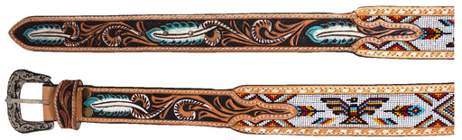 Western 2" Tapered Feather Tooled Thunderbird Beaded Leather Belt 26RT63T2