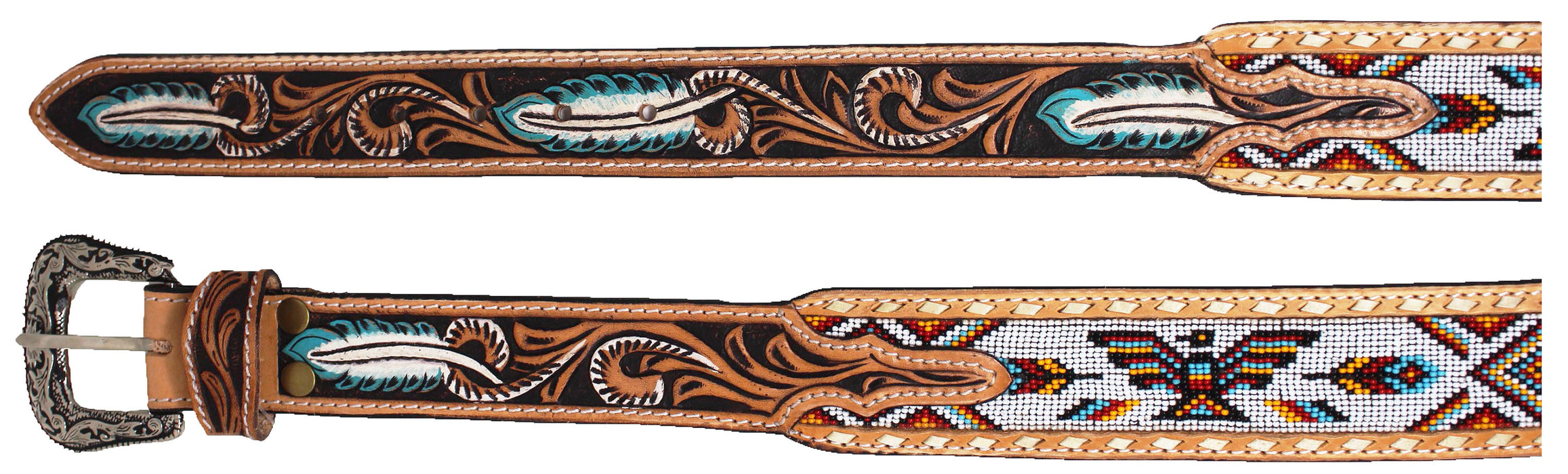 Western 2" Tapered Feather Tooled Thunderbird Beaded Leather Belt 26RT63T2