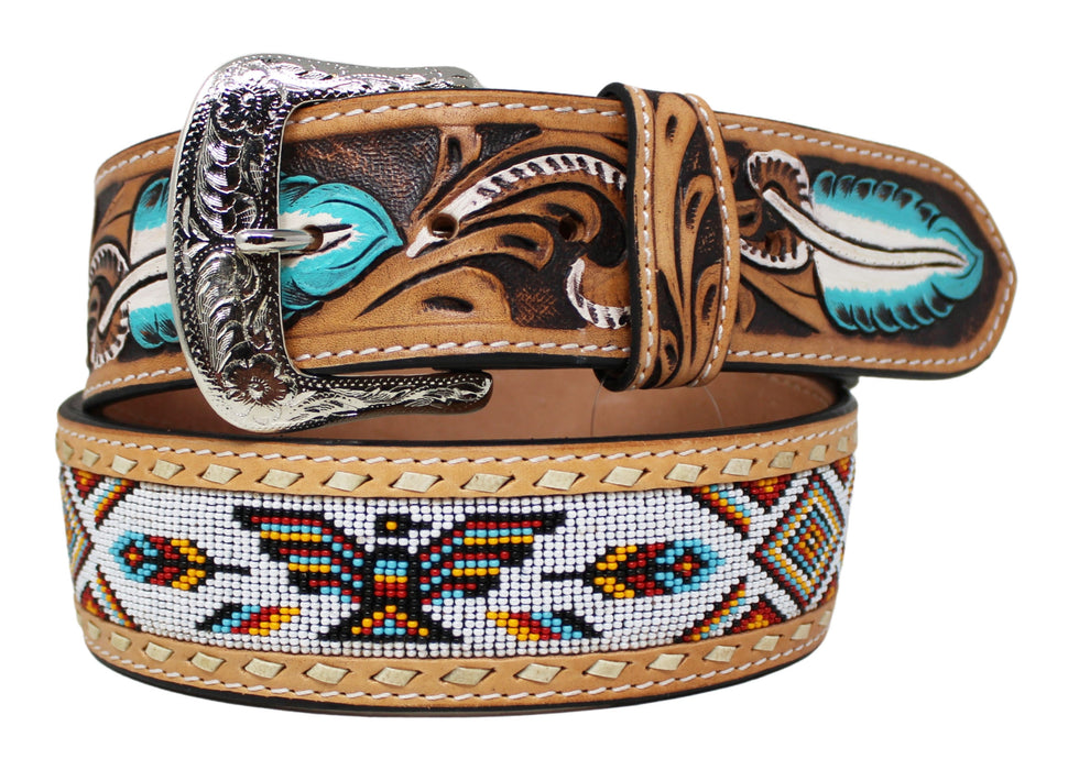 Men's Women's Western 2" Wide Feather Tooled Beaded Full-Grain Leather Belt 26RT63U2