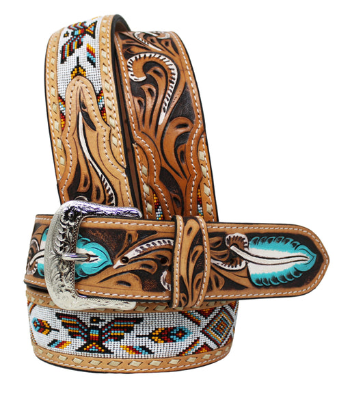 Men's Women's Western 2" Wide Feather Tooled Beaded Full-Grain Leather Belt 26RT63U2