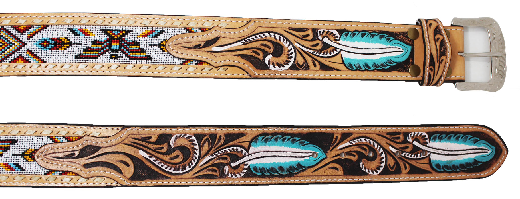 Men's Women's Western 2" Wide Feather Tooled Beaded Full-Grain Leather Belt 26RT63U2