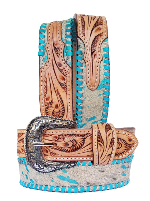 Western 1-1/2" Floral Turquoise Laced Cowhide Full-Grain Leather Belt 26RT66TR