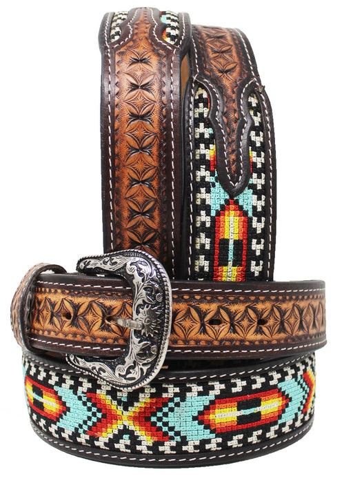 Western 1-3/4" Wide Tapered Turquoise Embroidered Leather Belt 26RT67T