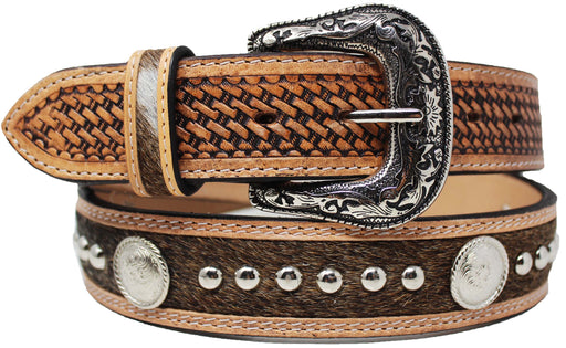 Western 1-1/2" Basket Tooled Studded Cowhide Hairon Full-Grain Leather Belt 26RT79
