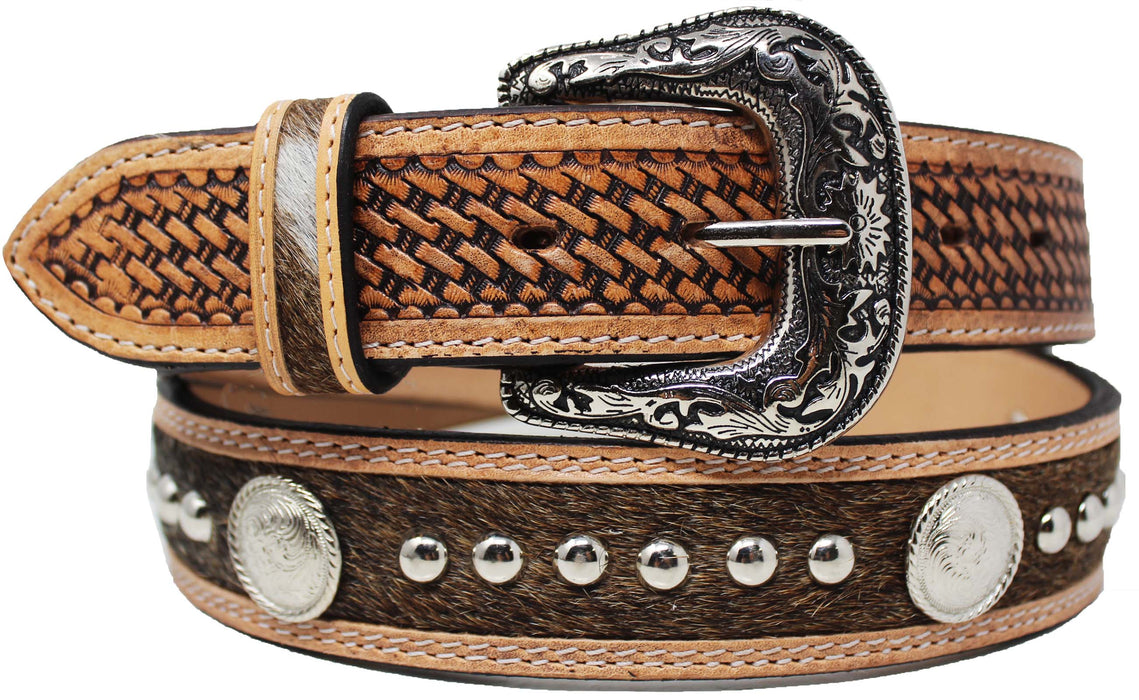 Western 1-1/2" Basket Tooled Studded Cowhide Hairon Full-Grain Leather Belt 26RT79