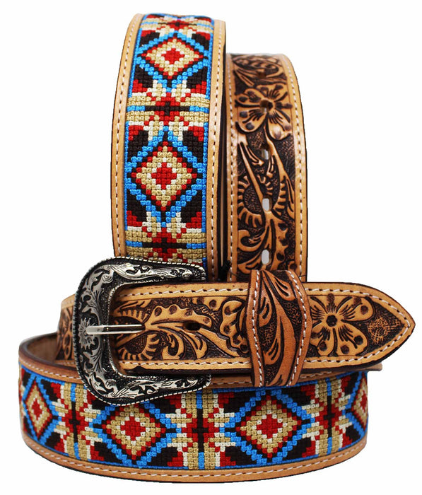Western 1-3/4" Tapered Embroidered Floral Tooled Leather Belt 26RT87