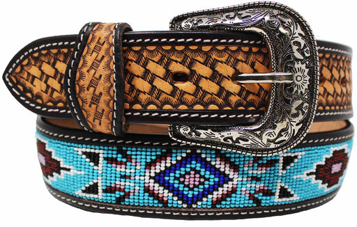 Unisex 1.5" Western Beaded Tooled Full-Grain Leather Belt 26RTW24
