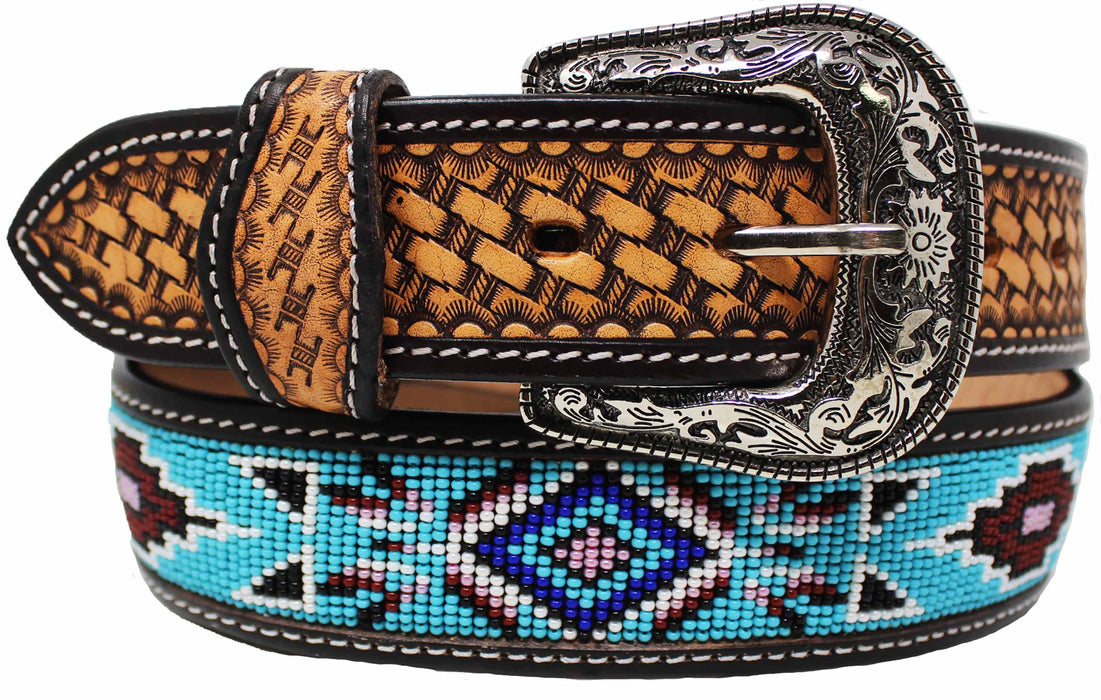 Unisex 1.5" Western Beaded Tooled Full-Grain Leather Belt 26RTW24