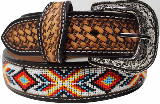Unisex 1.5" Western Beaded Tooled Full-Grain Leather Belt 26RTW25C