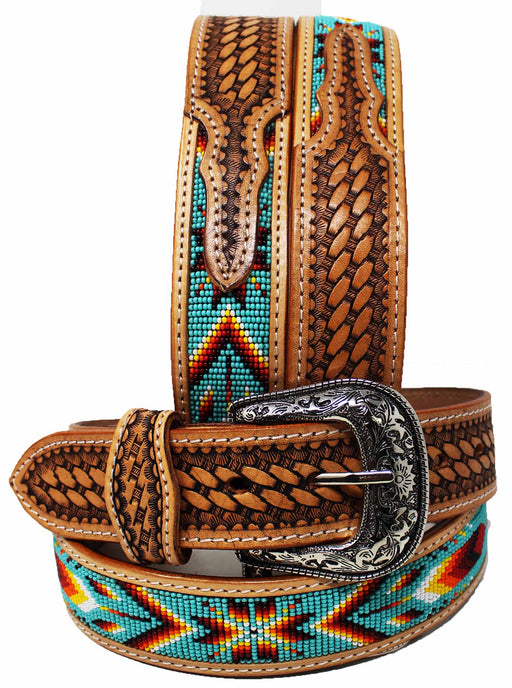 Unisex 1.5" Western Beaded Tooled Full-Grain Leather Belt 26RTW48