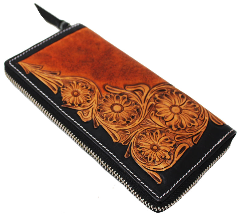 Women's Western Floral Tooled 100% Full Grain Leather Bi-Fold Wallet Tan 27FK