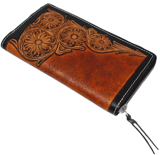 Women's Western Floral Tooled 100% Full Grain Leather Bi-Fold Wallet Tan 27FK