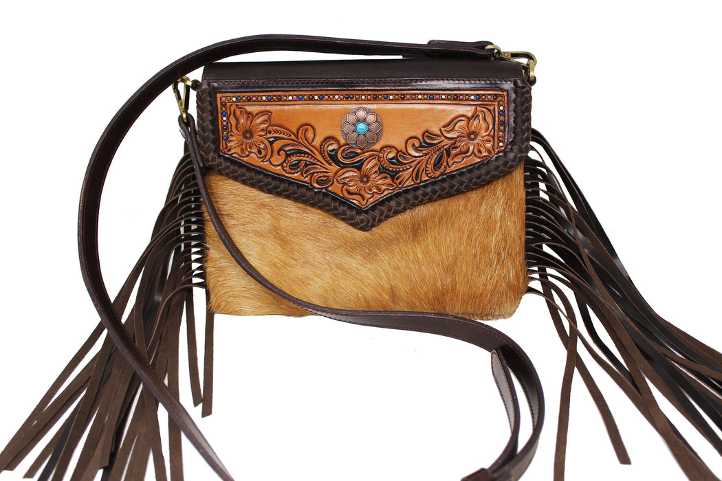 Women Western Floral Tooled Leather  Hair On Hide Shoulder Purse Hand bag 27FK06