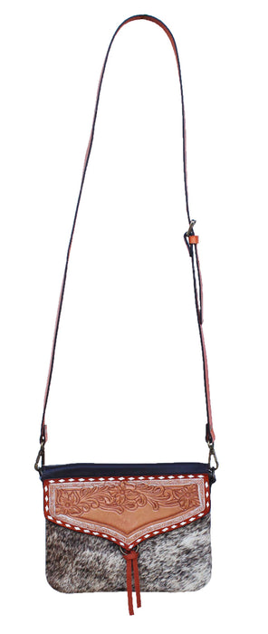 Women Western Floral Tooled Leather  Hair On Hide Shoulder Purse Hand bag 27FK08