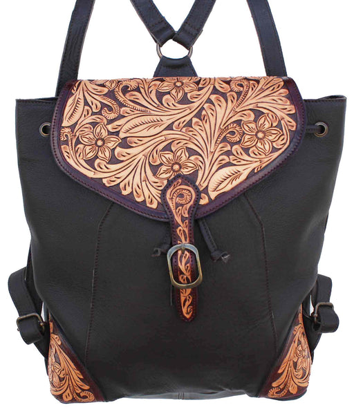 black tooled leather backpack Western Floral Tooled Black Pebbled Leather Backpack Shoulder Book Bag — Challenger