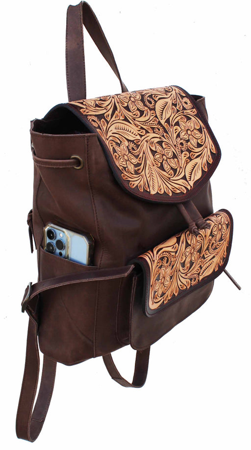 Western Floral Tooled Smooth Genuine Leather Backpack Shoulder Bag 27FK85