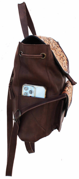 Western Floral Tooled Smooth Genuine Leather Backpack Shoulder Bag 27FK85