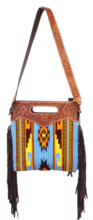 Women's Wool Western Floral Tooled Leather Shoulder Purse Handbag 27FK88