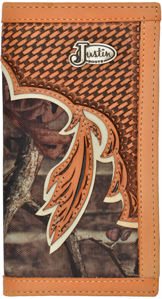 Justin Camo Western Rodeo LEATHER TOOLED CHECK BOOK PURSE Wallet 27WJB ...