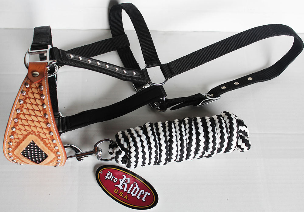 Horse  Noseband Tack Bronc Leather HALTER Tiedown Lead Rope  280261