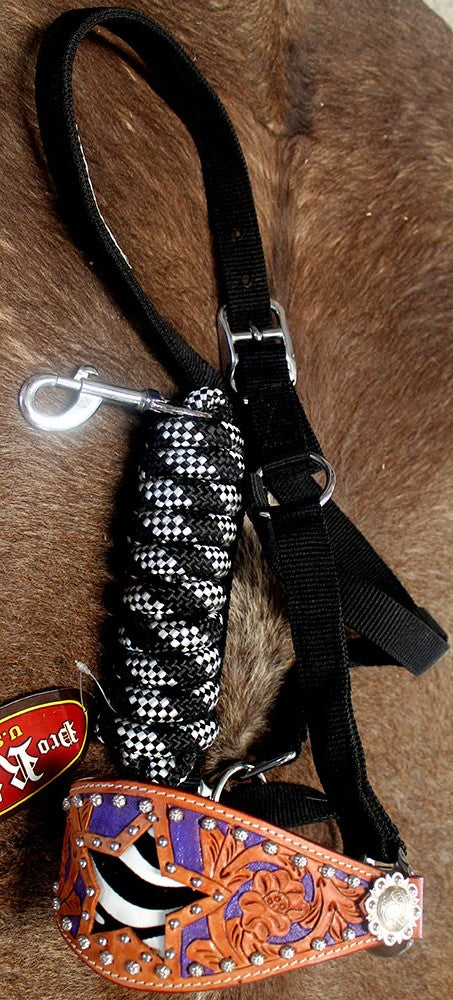 Horse Noseband Tack Bronc Leather HALTER Tiedown Lead Rope  280379