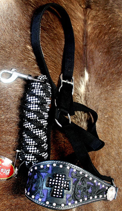 Horse Noseband Tack Bronc Leather HALTER Tiedown Lead Rope  280382
