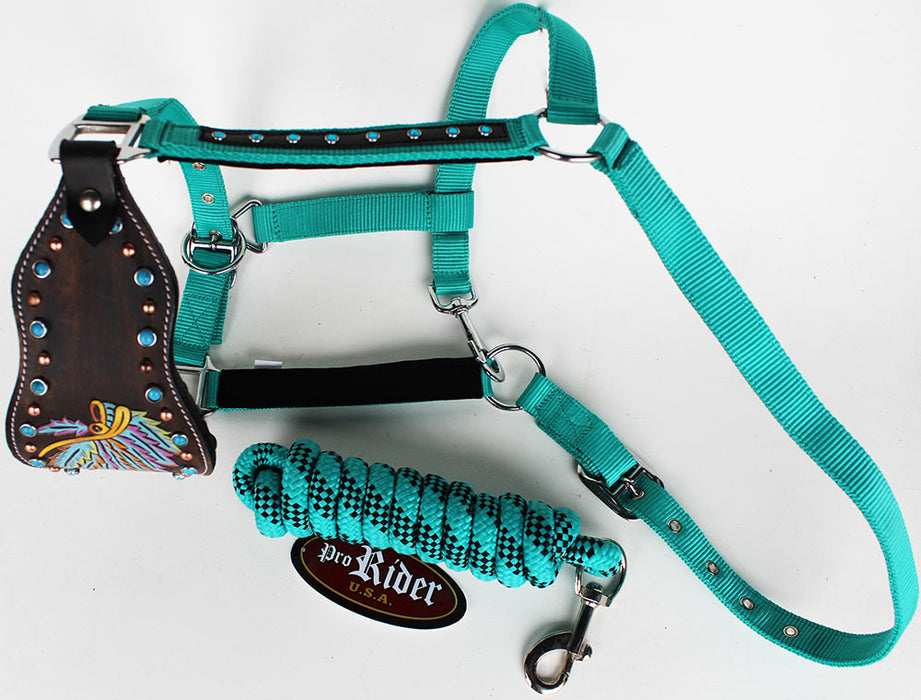 Noseband Tack Bronc Leather Horse HALTER Tiedown Lead Rope Turquosie 280642