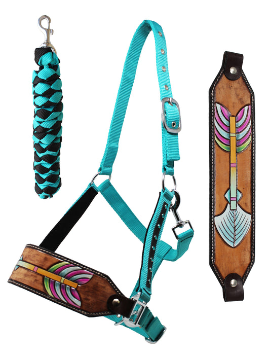 Challenger Horse Noseband Tack Bronc Leather HALTER Tiedown Lead Teal 280HR12