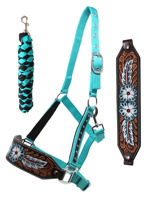 Challenger Horse Noseband Tack Bronc Leather HALTER Tiedown Lead Teal 280HR16
