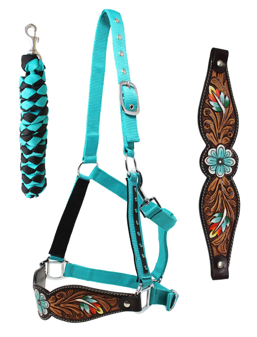 Challenger Horse Noseband Tack Bronc Leather HALTER Tiedown Lead Teal 280HR19
