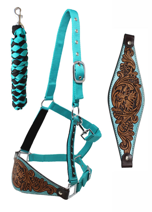 Challenger Horse Noseband Tack Bronc Leather HALTER Tiedown Lead Teal 280HR25