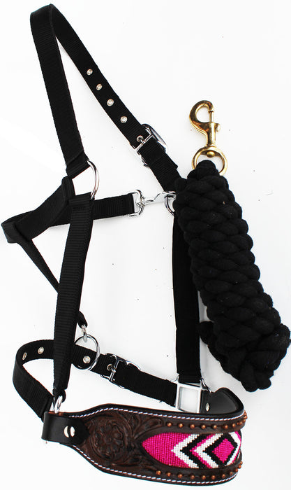 Horse Noseband Tack Bronc Leather HALTER Tiedown Lead Rope  280M05