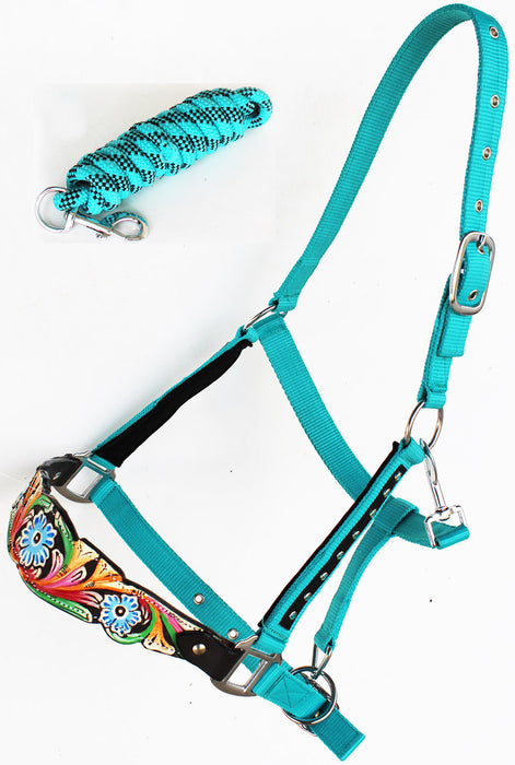 Horse Noseband Tack Bronc Leather Nylon HALTER Tiedown Lead Rope  280M76198