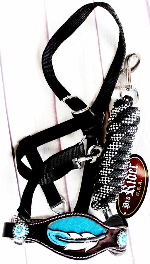 Horse Noseband Tack Bronc Leather HALTER Tiedown Lead Rope Rodeo Blue 280M80192