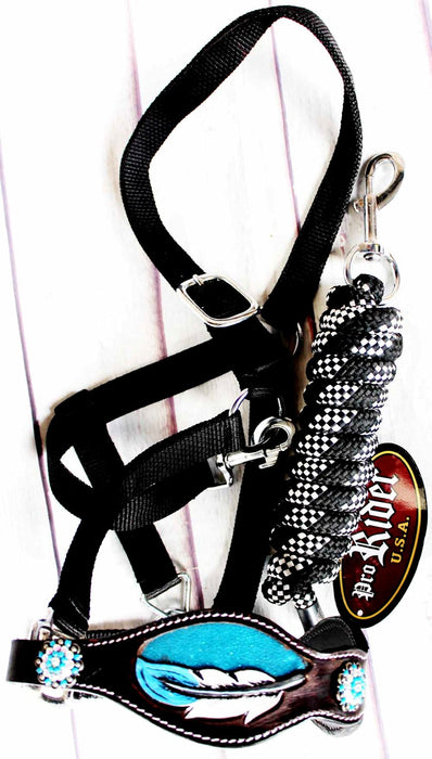 Horse Noseband Tack Bronc Leather HALTER Tiedown Lead Rope Rodeo Blue 280M80192