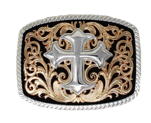Challenger 2" Western Two-Tone Cross Floral Engraved Belt Buckle 2812
