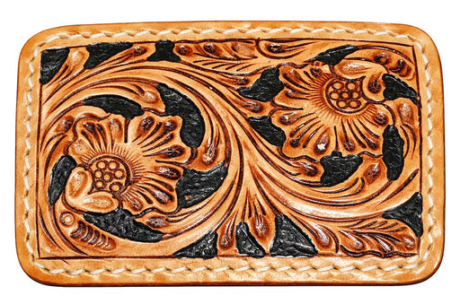 Challenger Hand-Tooled Leather Belt Buckle – Floral Western Design, Tan & Black, 4-3/4" x 2-3/4" 28RS03