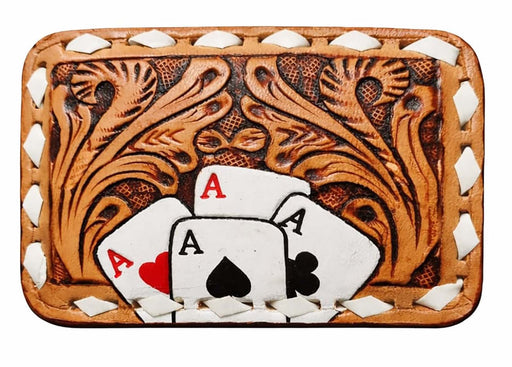 Challenger Western Leather Tooled Belt Buckle w/ Stacked Aces Poker Design & White Buckstitch, 4-3/4" x 2-3/4" 28RS168