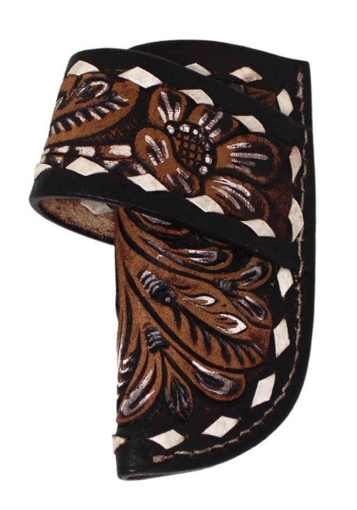 Western Leather Antique Brown Floral Tooled Buckctitch Leather Knife Holder Side Access Sheath 29FK008C