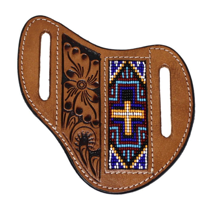 Western Floral Tooled Cross Beaded Inlay Leather Flat Knife Sheath 29FK029B