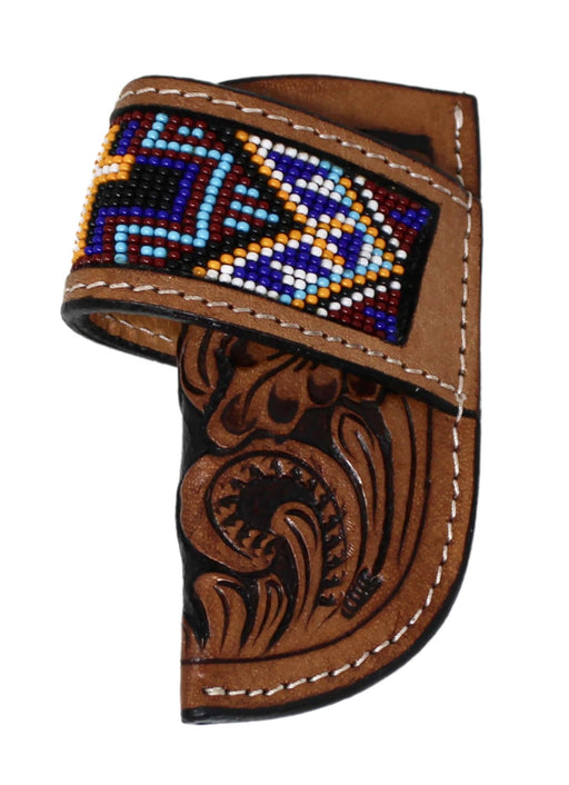 Western Floral Tooled Cross Beaded Inlay Leather Side Access Knife Sheath 29FK029C